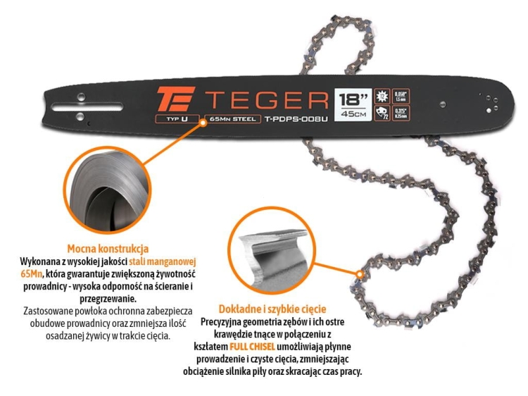 Zestaw tnący 18" (45 cm) prowadnica + łańcuch 0,325" 1,5mm 72 og. 12z moc. U Teger 3