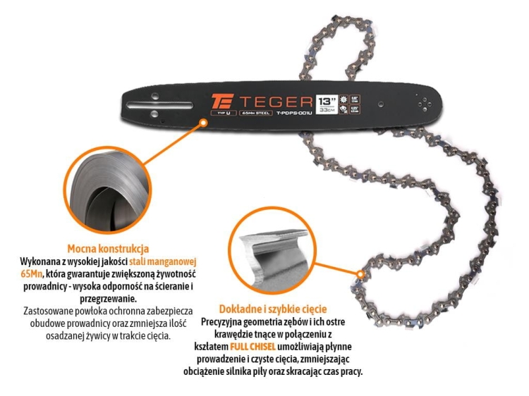 Zestaw tnący 13" (33 cm) prowadnica + łańcuch 0,325" 1,3mm 56 og. 10z moc. U Teger 3