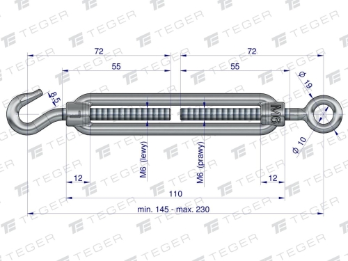 Śruba rzymska oko-hak 6x110 TEGER RYSUNEK TECHNICZNY