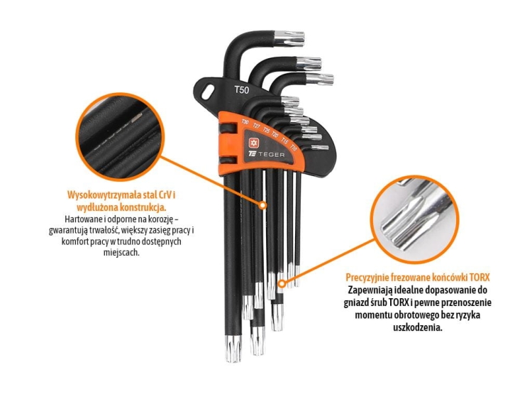 Zestaw kluczy imbusowych TORX T10-T50 - DŁUGIE 9szt Teger 2