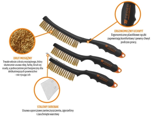 Zestaw szczotek drucianych do rdzy drut mosiężny 3 / 4 rzędowa ze skrobakiem z plastikową rączką (3 szt) PROFESSIONAL Teger 2