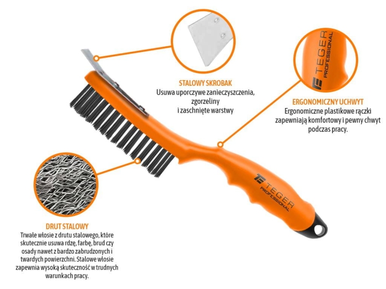 Szczotka druciana do rdzy ze skrobakiem drut stalowy czarny / 4 rzędowa plastikowa rączka PROFESSIONAL Teger 2