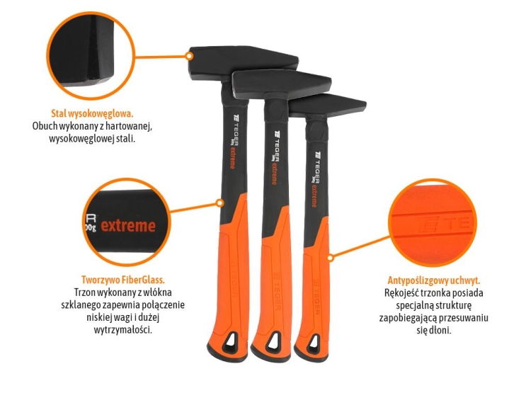 Zestaw młotków ślusarskich z trzonkiem fiberglass (3 el) 300 500 800 g Extreme Teger 2