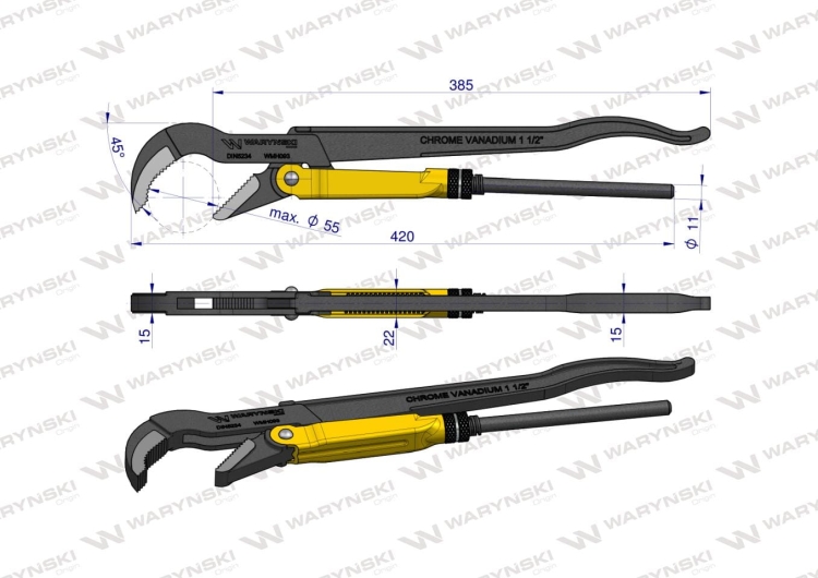 Szczypce nastawne szwedzkie do rur szczęki typ 45° o rozstawie max 55mm długość 420mm Waryński 3