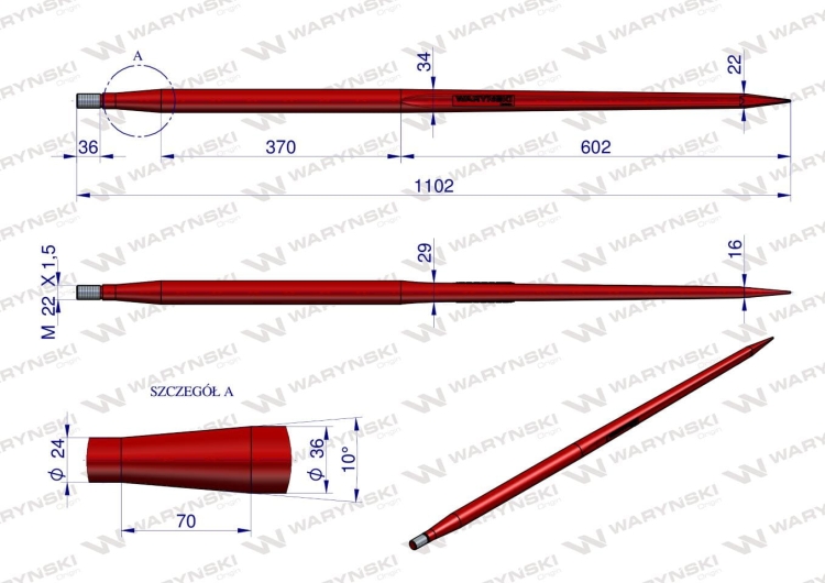 Ząb ładowacza uniwersalny czerwony prosty L- 1100 mm zastosowanie 5193-RT1 Tur WARYŃSKI W9132-1000P 2