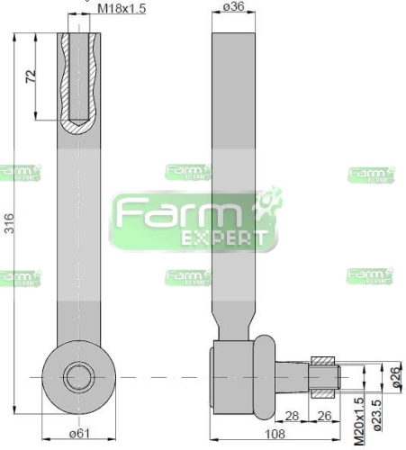 Przegub kierowniczy 285mm - M18x1,5 3764028M2 Massey Ferguson TAQ 2