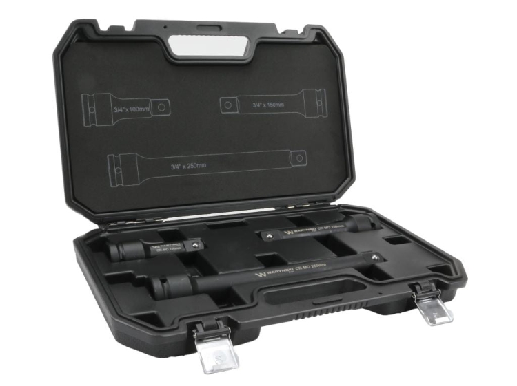 Przedłużki do nasadek udarowych 3/4 cala zestaw 3 el. 100 150 i 250 mm z utwardzanej stali stopowej CrMo 3 Waryński