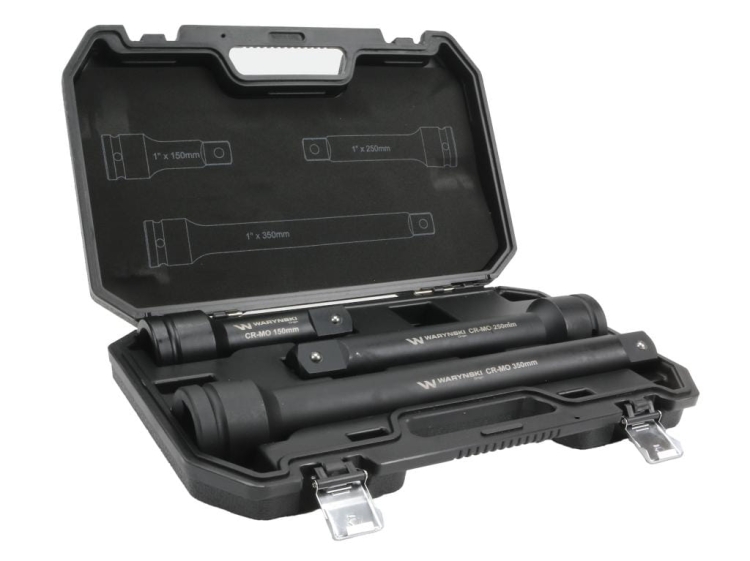 Przedłużki do nasadek udarowych 1 cal zestaw 3 el. 150 250 i 350 mm z utwardzanej stali stopowej CrMo Waryński