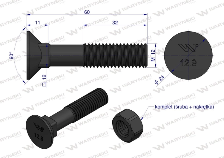 Śruba kpl. płużna podsadzana D 608 M12x60 mm kl.12.9 Waryński 2