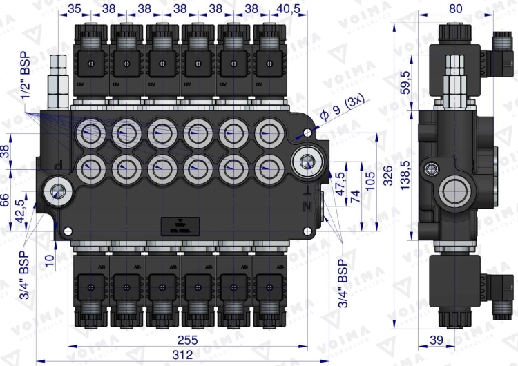 Rozdzielacz hydrauliczny 6-sekcyjny sterowany elektrycznie 12V 80L VOIMA 3