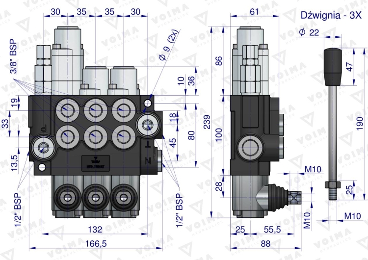 Rozdzielacz hydrauliczny 3-sekcyjny 40L (1-sekcja pływająca) VOIMA  3