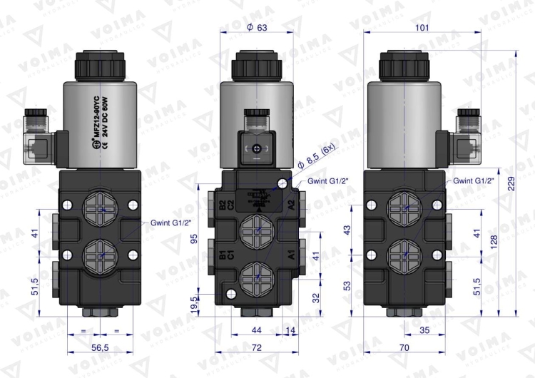 Dzielnik zawór elektrozawór kierunkowy elektromagnetyczny kontroli (SVV6/2-90L) (24V DC) 6/2 G1/2 80L VOIMA 3