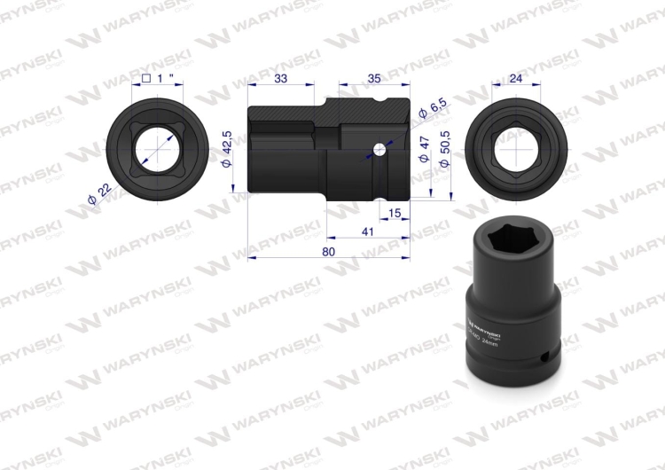 Nasadka udarowa sześciokątna 1" długa 24 mm CrMo DIN 3129 Waryński 2