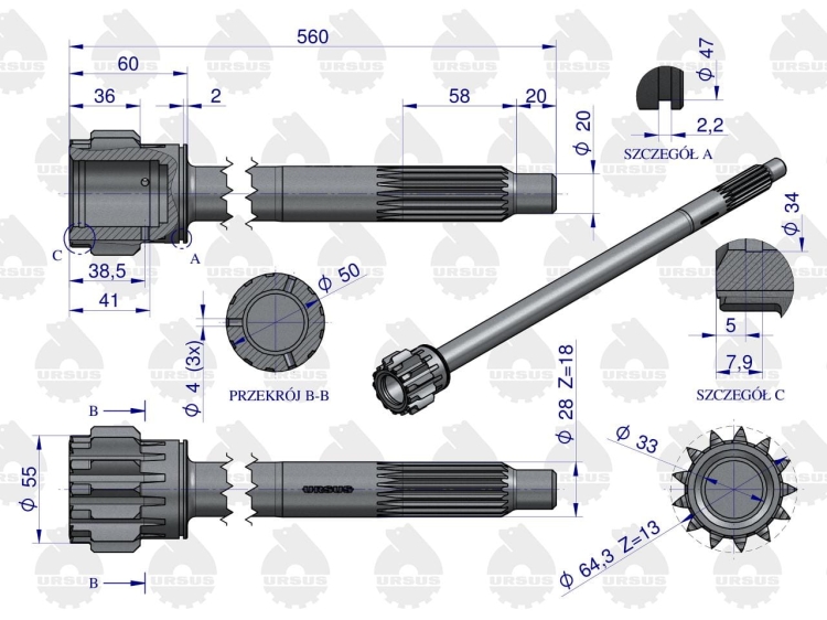 Wałek sprzęgłowy I stopnia (stary typ - z rowkiem) C-360 ORYGINAŁ URSUS 2