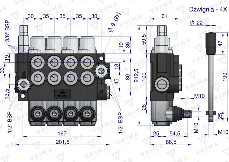 Rozdzielacz hydrauliczny 4-sekcyjny 40L VOIMA 2