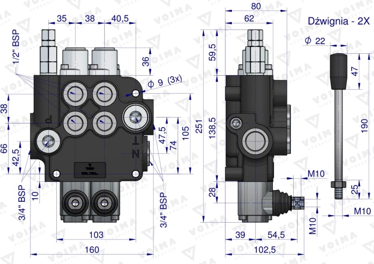 Rozdzielacz hydrauliczny 2-sekcyjny 80L VOIMA 4