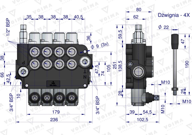 Rozdzielacz hydrauliczny 4-sekcyjny 80L VOIMA 4