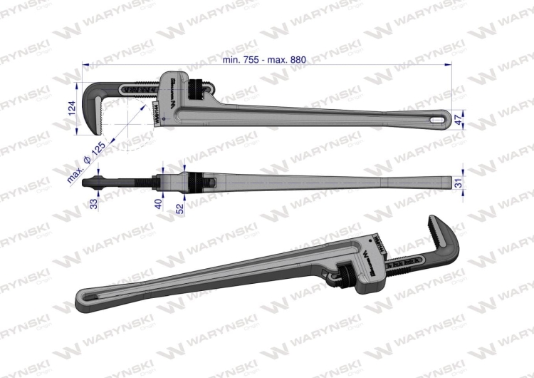 Klucz do rur typ amerykański 36" uchwyt aluminium wzmocniony szczęki CrMo max średnica Waryński 3