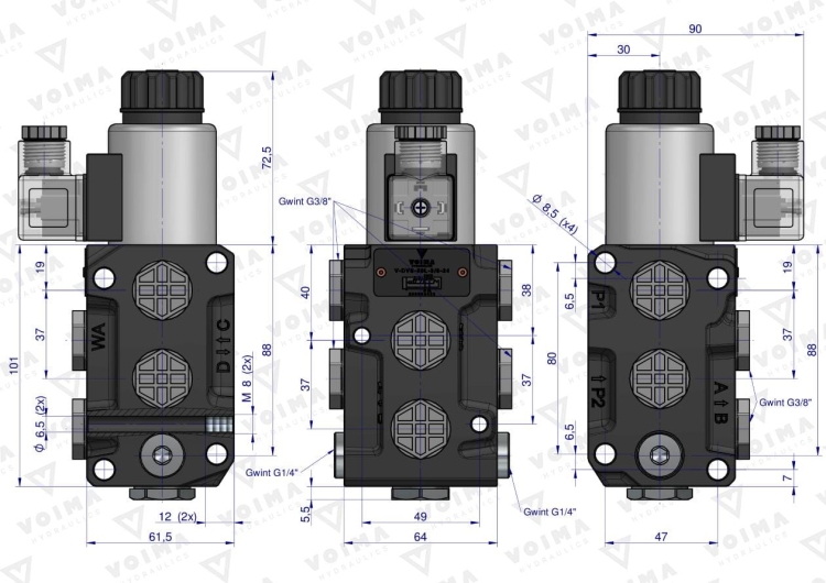 Dzielnik zawór elektrozawór kierunkowy elektromagnetyczny kontroli (DVS6/50 L/MIN) (24V DC) 6/2 G3/8 50L VOIMA 3