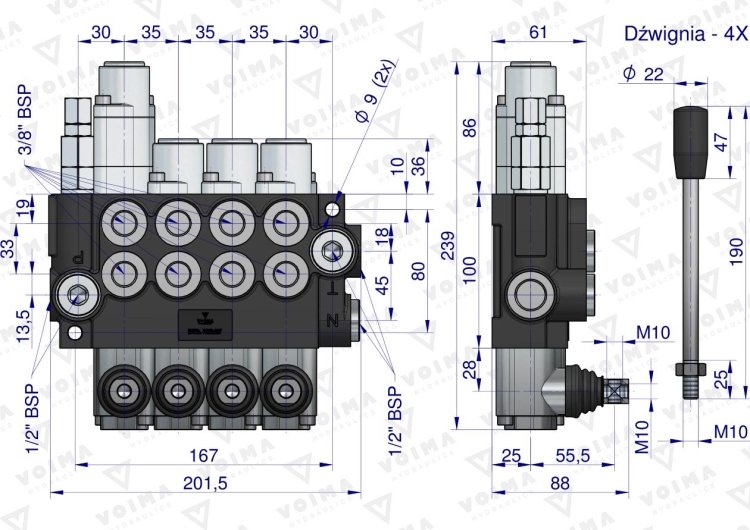 Rozdzielacz hydrauliczny 4-sekcyjny 40L (1-sekcja pływająca) VOIMA 3
