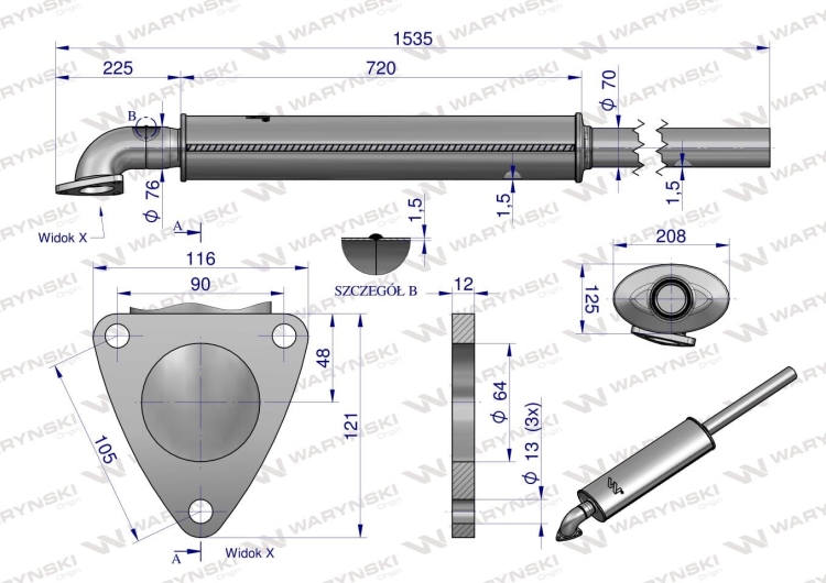Tłumik Zetor 8520-10540 10014040 1550mm INOX Waryński 3