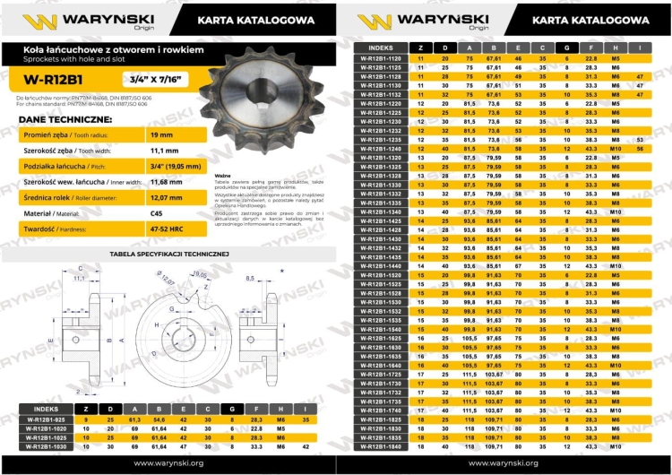 Koło łańcuchowe hartowane 12B1 (R1 3/4) Z-23 otwór 30mm Waryński 3