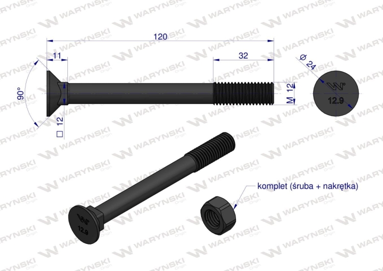 Śruba kpl. płużna podsadzana D 608 M12x120 mm kl.12.9 Waryński 2