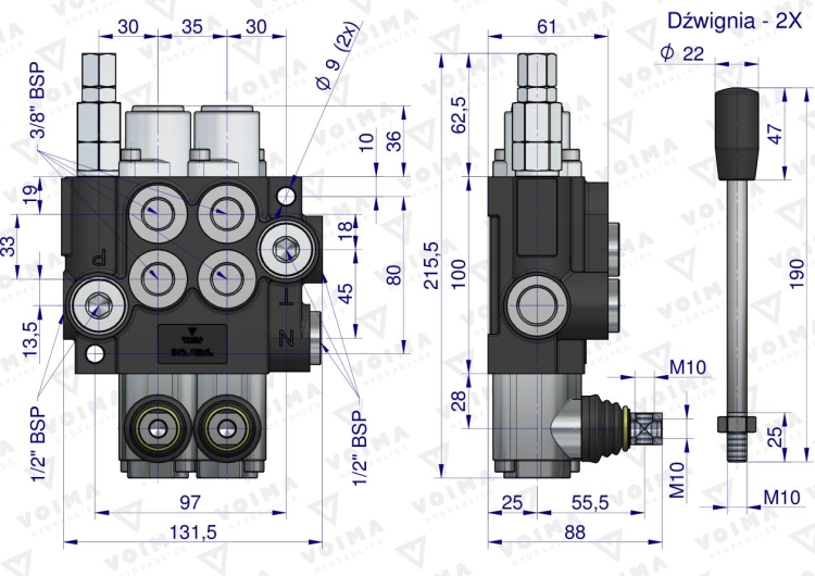 Rozdzielacz hydrauliczny 2-sekcyjny 40L z zatrzaskami VOIMA 3