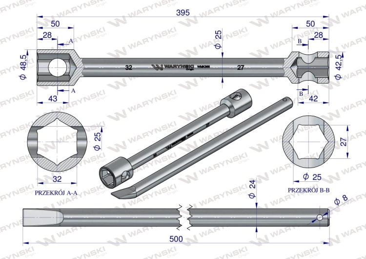 Klucz krzyżakowy do kół 27x32 długość 395mm z łyżką Waryński 3