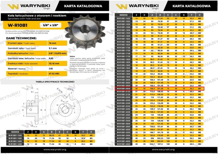 Koło łańcuchowe hartowane 10B1 (R1 5/8) Z-20 otwór 35mm Waryński 3