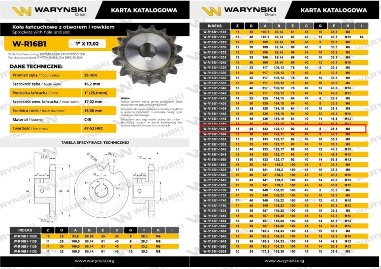Koło łańcuchowe hartowane 16B1 (R1 1) Z-15 otwór 25mm Waryński 3