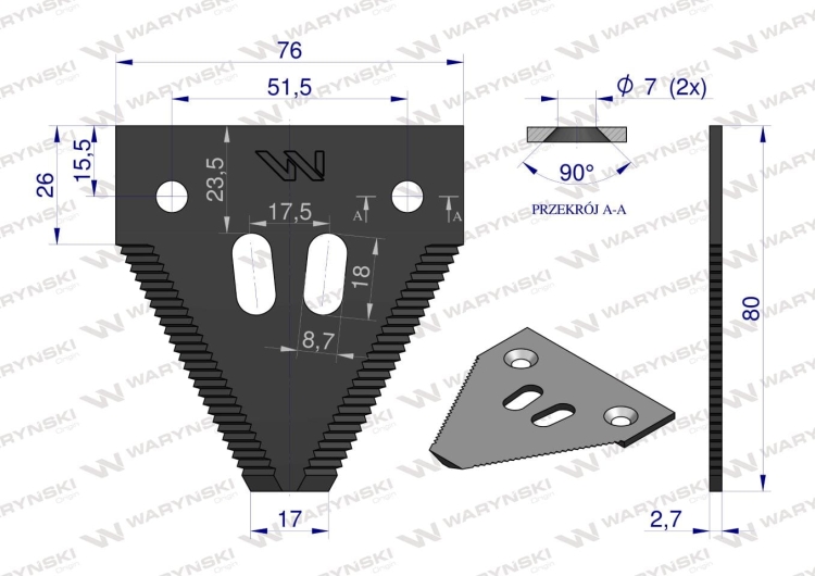 Nóż żniwny 80x76x2.7mm otwór 7 zastosowanie 3BF0010AB1 Olimag WARYŃSKI 2