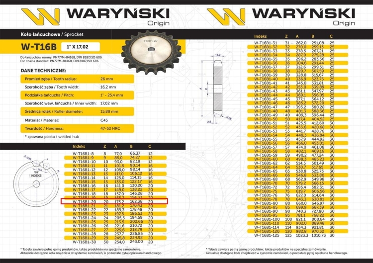 Koło zębate hartowane tarcza 16B-1 (R1 1) Z-20 Waryński 3