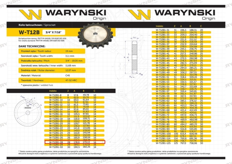 Koło zębate hartowane tarcza 12B-1 (R1 3/4) Z-28 Waryński 2