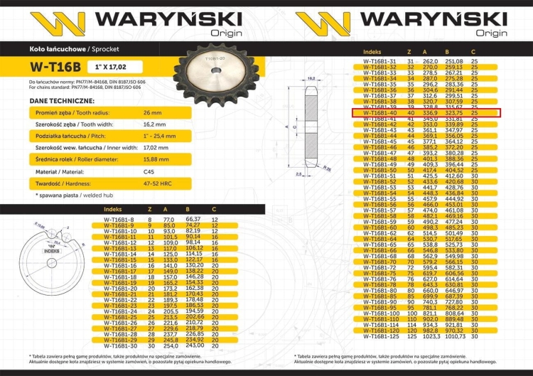 Koło zębate hartowane tarcza 16B-1 (R1 1) Z-40 Waryński 3