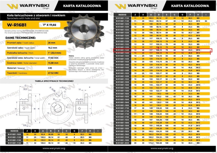 Koło łańcuchowe hartowane 16B1 (R1 1) Z-13 otwór 40mm Waryński 3