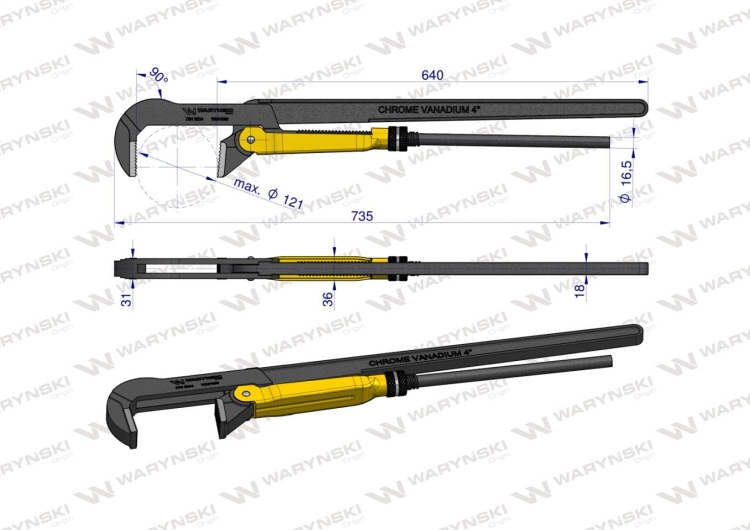 Szczypce nastawne szwedzkie do rur szczęki typ 90° o rozstawie max 121mm długość 735mm Waryński 3
