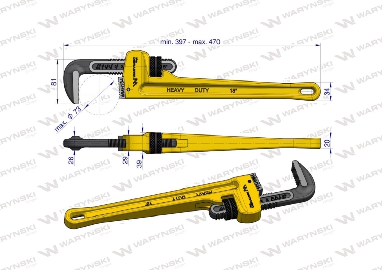 Klucz do rur typ amerykański 18" wzmocniony szczęki CrMo max średnica 73 mm Waryński 3