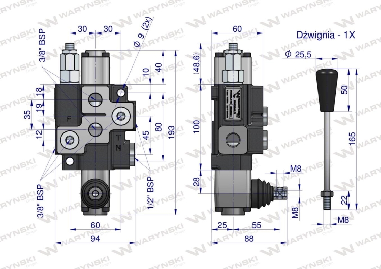 Rozdzielacz hydrauliczny 1-sekcyjny max przepływ 40L Waryński (5)