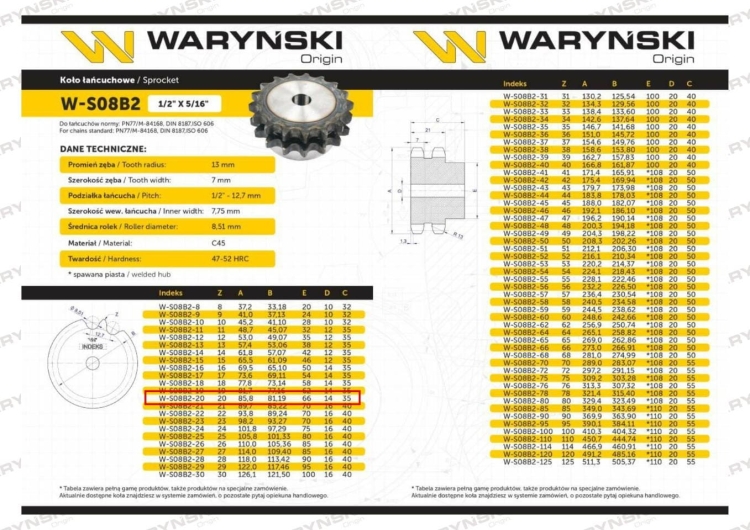 Koło zębate hartowane z kołnierzem 08B-2 (R2 1/2) Z-20 Waryński 3