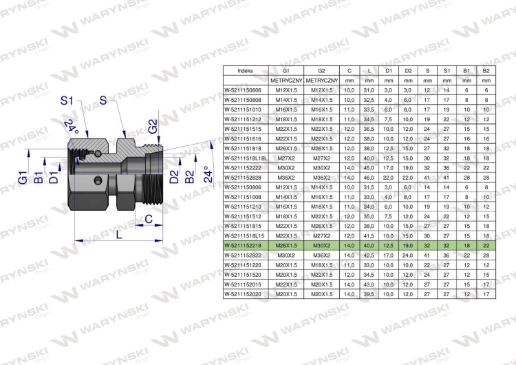 Złączka hydrauliczna metryczna AB (XKOR) A-M26x1.5 18L / B-M30x2 22L Waryński 4