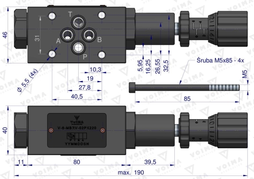 Zawór redukcyjny płytowy CETOP 3 NG6 (linia P - nastawa 35-140 bar) VOIMA 2