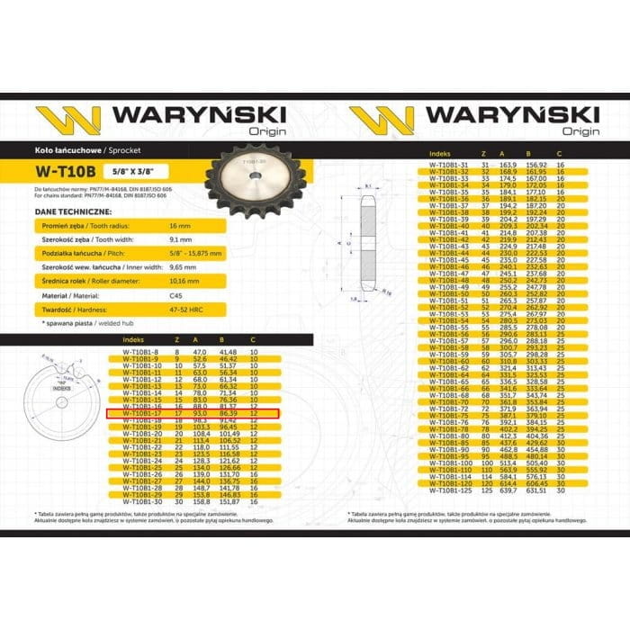 Koło zębate hartowane tarcza 10B-1 (R1 5/8) Z-17 Waryński 3