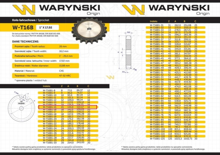 Koło zębate hartowane tarcza 16B-1 (R1 1) Z-15 Waryński 3
