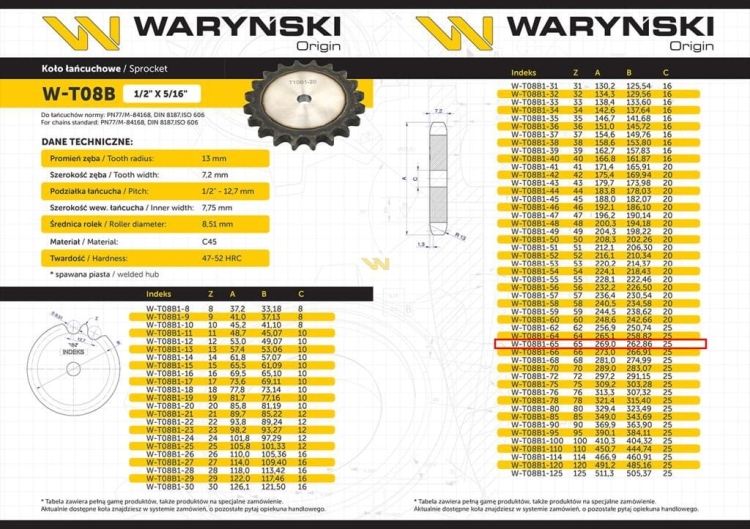 Koło zębate hartowane tarcza 08B-1 (R1 1/2) Z-65 Waryński 3