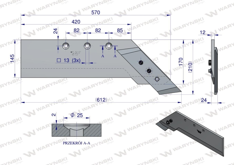 Lemiesz z dłutem prawy zastosowanie PO387 Ibis Unia Pług stal borowa WARYŃSKI 3