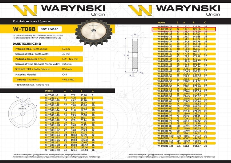 Koło zębate hartowane tarcza 08B-1 (R1 1/2) Z-32 Waryński 3
