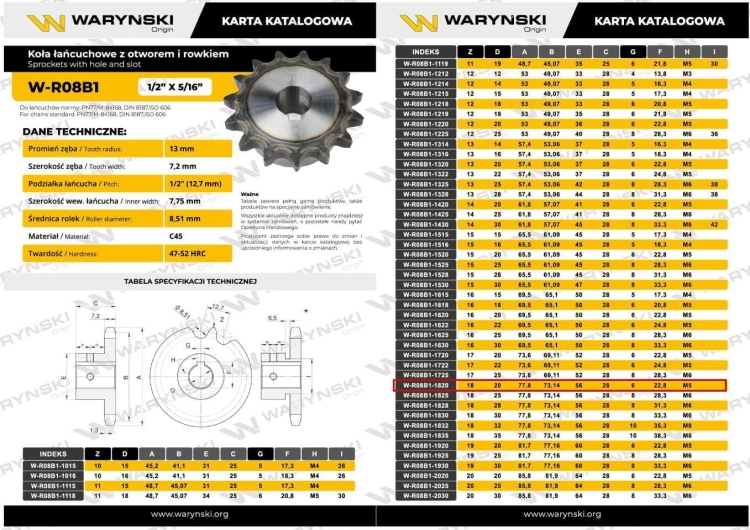 Koło łańcuchowe hartowane 08B1 (R1 1/2) Z-18 otwór 20mm Waryński 3