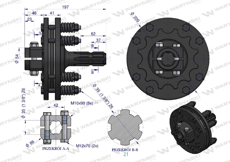 Sprzęgło zewnętrzne cierne wału 1200Nm - 1 3/8 Z6 Waryński 3