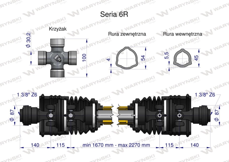 Wał przegubowo-teleskopowy 1670-2270mm 830Nm szerokokątny z dwóch stron CE 2020 seria 6R Waryński 3
